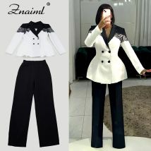 Znaiml Zwei Stücke Blazer Anzüge Frauen Herbst Schwarz Spitze Nähte Blazer Tops und Gerade Hose Outfits Business Formale OL Stil