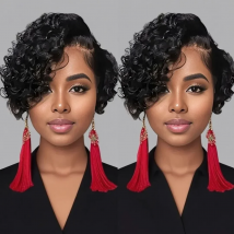 Short Bob Wig Pixie Cut Curly Human Hair Wig For Women Black Color 13x6x1 T part lace closure Deep Wave Lace Wig Preplucked Hair