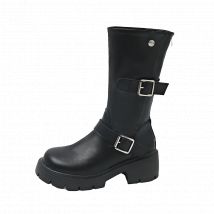 2026 neue Mid-kalb Stiefel Frauen Zurück Zipper Dicke Sohle Herbst Schuhe Mode Schnalle 5 CM Block Ferse im Freien Casual PU Leder Stiefel
