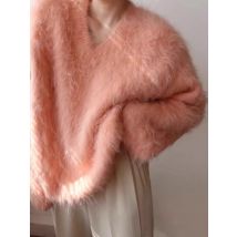 Rosafarbener, langärmliger Nerz-Wollpullover mit V-Ausschnitt für Damen im Herbst und Winter, sanfter und hochwertiger gestrickter Plüschpullover