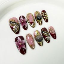 10Pcs Light Luxury Retro Flowers Nail Art French Metal Cat-eye Butterfly Handmade False Nails Fashion Detachable Acrylic Nails