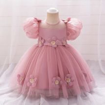 Neues Aufkleber-Blasenärmel-Schleifenkleid für Babys und Mädchen, süßes und niedliches modisches Mesh-Prinzessinnenkleid, Weihnachten, Hochzeit, Blumenmädchenkleid
