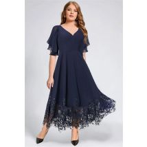 Flycurvy Plus Size Mother Of The Bride Navy Blue Chiffon Lace Stitching Flutter Sleeve A-Line Tunic Maxi Dress