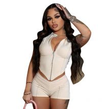 Sisterlinda Casual Summer Shorts Set Solid Sporty Irregular Zip-up Tank Tops+Stretch Shorts Female Basic Matching Street 2 Piece