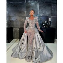 Vestidos de Festa Dubai Perlen Perlen Abend Brautkleid mit Überrock Silber Meerjungfrau formelle Party kleid Frau Hochzeit Roben