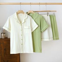 2026 sommer Neue frauen Pyjama Set 100 % Gestrickte Baumwolle Kurzarm Shorts Zwei Stück Strickjacke Einfarbig Casual große Homewear