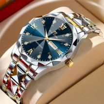 Herrenuhr Wasserdiamant Luxus Night Glow Doppelkalender Quarzwerk 41mm Blau Gold Edelstahl Mode Business Uhr