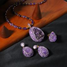 Natural Amethyst Zircon Necklace Ring Earring Set Women Luxury Jewelry Fashion Ladies And Girls Gift Set GS0198