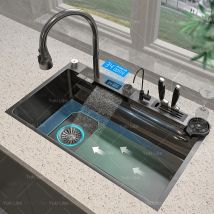 Küchenspüle, Wasserfallspüle aus Edelstahl, Digitalanzeige, große Einzelschüssel mit Multifunktions-Wasserfall-Wasserhahn, Waschbecken