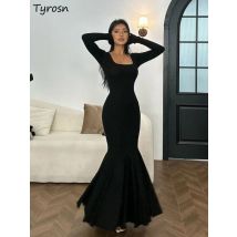 Schwarz Trompete Dame Lange Kleid Herbst Lange-sleeve Schlank Elegante Sexy Design Chic Ästhetischen Hotsweet Party Ins Mujer Vestidos