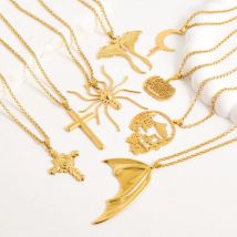 1pc Real Gold Plated Halloween Punk Stainless Steel Pendant Necklace Rose Cross Blood Moon Bat Skull Pumpkin Gothic Necklaces