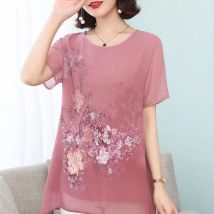 Sommer Floral Bedruckte Chiffon Hemd Kurzarm Weibliche Kleidung Lose Stilvolle Asymmetrische Pendeln Oansatz Gespleißt Midi Bluse