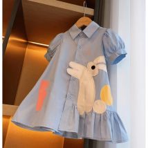 Neuheiten Mädchenkleid Sommermode Kinder Umlegekragen Puffärmel Kleid Niedliches Kaninchen Baumwolle Prinzessin Kleid Lässiger Stil