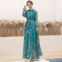 2024 Boho Floral Print Party Kleid Frauen Vestidos Elegante Mode Lose Chiffon Langarm Muslimischen Abaya Islamische Kleidung Roben