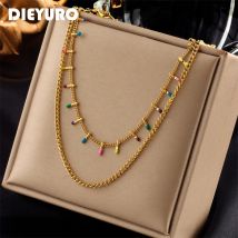 DIEYURO 316L Edelstahl Farbe Verziert 2 Schichten Ketten Halskette Für Frauen Mode Mädchen Hals Schmuck Party Hochzeit Geschenk