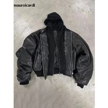 Mauroicardi Autunno Inverno Oversize Fresco Nero Addensato Caldo Pu Pelle Bomber Giacca da Uomo Cappuccio di Lusso Designer Falso 2 Vestiti