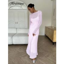Hirsionsan Frühling Herbst Oansatz Elastische Stricken Lange Kleider Frauen 2024 Elegante Chic Weiche Dame Aushöhlung Pullover Kleider Femme Neue