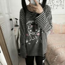 Japanese Devil Cat Print Striped Long-sleeved Women's T-shirt  Oversize Top Autumn Fashion  Harajuku Casual Streetwear Emo
