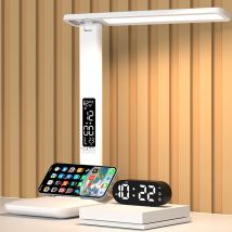 LED Desk Lamp with Clock Calendar Time Display Touch Dimming Adjustable Light Rotatable Folding Reading Lamp for Office Bedroom