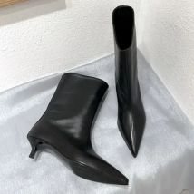 SEXY Schwarze Stiefel mit spitzem Zehenbereich und Katzenabsatz für Damen, weiches Leder, PU-Design, niedriger Absatz, breiter Mund, Stiefeletten im französischen Stil