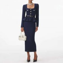 Quality Luxury Autumn Winter Long Sleeve Midi Knitted Sweater Dress For Women Single Breasted Peplum Pencil Party Dresses