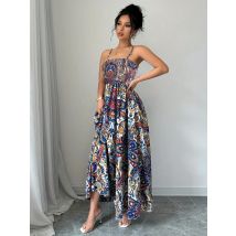 Elegantes Damen-Kleid mit ethnischem Paisley-Print, geschwungene Taille, ein Pendel-Resort-Hosenträger, großes Pendel-langes Kleid