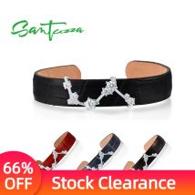 SANTUZZA 925 Sterling Silver Bracelet Bangle for Women Adjustable Red/Black/Blue/Brown Leather Aries Constellation Fine Jewelry