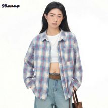 Modische Damenblusen, Trend 2025, stilvolle karierte Damenhemden, luxuriöse Damenoberteile, Mark-Baumwoll-Langarmblusen für Damen
