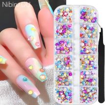 Aurora Meerjungfrau 3D-Blasenperlen, Nagel-Charms, 12 Gitter, gemischte Farben, Kristall-Edelsteine, Nagelkunst-Dekoration, flache Rückseite, Strasssteine für Nägel