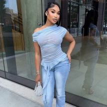 CUTENOVA Damen-Tanktop, einfarbig, Design-Sinn, durchsichtig, Netzstoff, schräger Kragen, trägerlos, ärmellos, gerüscht, flatternd, sexy, lässig