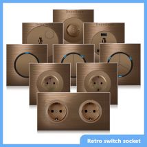 Wysokiej jakości uniwersalny w kolorze kawy Retro Eu FR 220V włącznik ścienny, przycisk resetowania gniazdo elektryczne ze wskaźnikiem LED