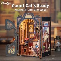 CUTEBEE DIY-Buchecke, Miniatur-Puppenhaus aus Holz mit Lichtern, Bücherregaleinsatz, 3D-Puzzle-Dekormodell für Geschenke, Zählen Sie Katzenstudie