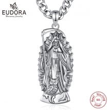 Eudora 925 Sterling Silver Santa Muerte Necklace Holy Death Scythe Mexican Pendant Fine Personality Jewelry for Women Man Gift