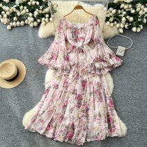 Schickes Vintage-Print mit ausgestellten Ärmeln, plissiert, locker, elegant, Fee, koreanische Mode, Boho-Sommerkleid, Damenbekleidung, langes Kleid