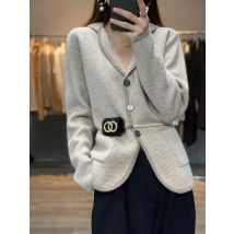 Autumn Winter Women Pure Cashmere Wool Suit Coat Sweater Casual Knitted Tailored Collar Cardigan Thickening Outwear Soft Jacket