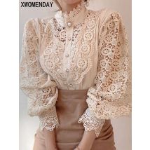 Women Chiffon Button Turtleneck Shirt Chic Elegant Floral Lace Fluffy Long Sleeve Top Fashion Hollow Oversize White Blouse 2025