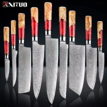 XITUO 1–9-teiliges Küchenmesser-Set aus Damaststahl, inklusive Kochmesser, Brotmesser, Hackmesser, Santokusmesser und Nakiri-Ausbeinmesser