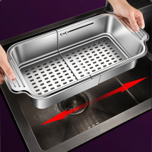 Cestello filtrante telescopico per lavello in acciaio inox, lunghezza regolabile, utilizzato per pulire frutta, drenare spaghetti e piatti