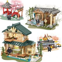 Kumamon Bär Stadt Straßenansicht Sakura Blumen Haus Bausteine Café Kreativität Land Ziegel Spielzeug Geschenke Für Kinder Jungen