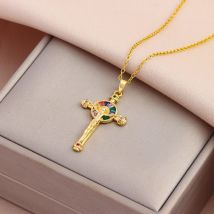 Neue Bunte Zirkon Kristall Kreuz Anhänger Edelstahl Halsketten Für Frauen Mode Retro Stil Weibliche Schlüsselbein Kette Schmuck