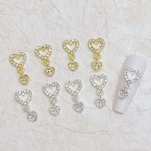 10 Pieces Heart Dangle Nail Charms 3D Alloy Luxury Nail Rhinestones Silver Gold Hollow Heart Nail Gems Star Jewels Manicure Part