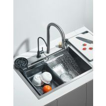 304 Wasserfall-Küchenspüle, 60 x 45 cm, Edelstahlspüle, großes Einzelbecken mit Einzelschlitzspüle über der Theke mit Tassenschlitz