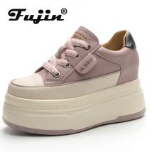 Fujin 9 cm comode sneakers con plateau da 3 pollici per donna Scarpe vulcanizzate da donna in vera pelle con plateau Scarpe casual con tacco alto