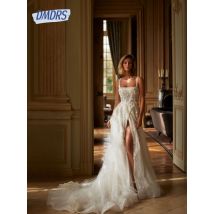 Süßes A-Linien-Hochzeitskleid mit Perlen und Blumenmuster, romantischer Reißverschluss hinten, moderner Seitenschlitz, maßgeschneidertes, glänzendes Damen-Brautkleid mit quadratischem Ausschnitt