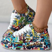 Damen-Sneaker mit Graffiti-Druck, modische Schnür-Low-Top-Plateau-Sneaker, lässige Skateboard-Schuhe, Sneakers, neue vulkanisierte Schuhe