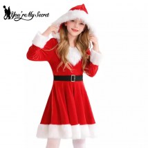 [You're My Secret] Christmas Day Girls Dress 3-8Y Cosplay Hooded Red Santa Claus Princess Dress Dress Up Party Outwear Clothes
