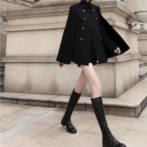 Schwarzer A-Linien-Mantel für Damen, Herbst und Winter, britische Mode, dicker Umhang, Ponchos, elegante Dame, Promi-Jacke mit doppelter Brust