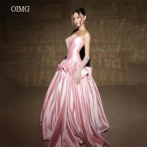OIMG Graceful Pink Strapless A Line Prom Gowns Satin Sleeveless Tiered Formal Party Gown Floor Length Evening Dress Customized