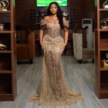 2025 Abito da compleanno per ragazze nere Abiti da festa formali Abiti da ballo in pizzo champagne africano personalizzato Strass con spalle scoperte Sirena