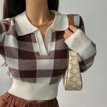 Herbst Vintage Stricken Crop Tops Frauen Pullover Pullover Weibliche Lange Hülse Elastische Beiläufige Plaid Gestrickte Shirts